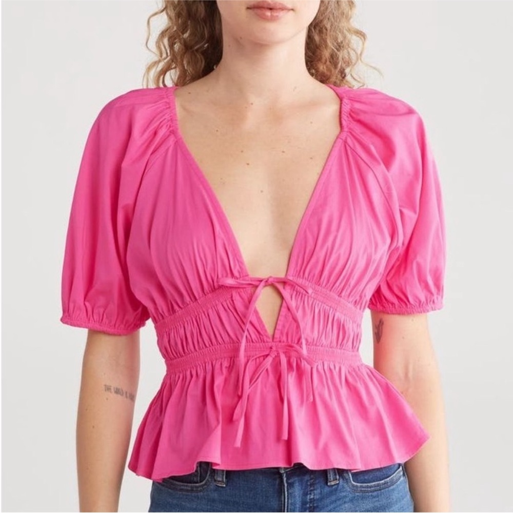 Wayf Pink Puff Sleeve Blouse